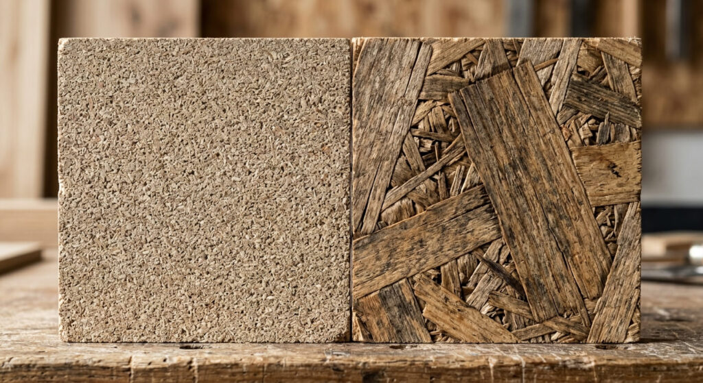 Gros plan comparant la texture des grandes lamelles de l'OSB et les fines particules de l'aggloméré