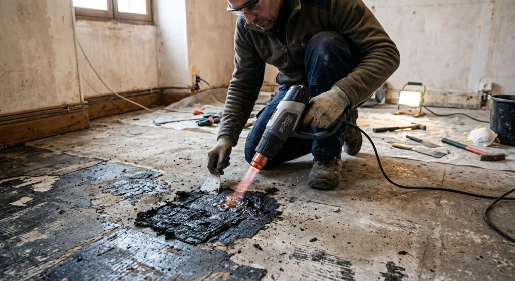 Chauffage de la colle noire d'un vieux revêtement de sol à l'aide d'un décapeur thermique.