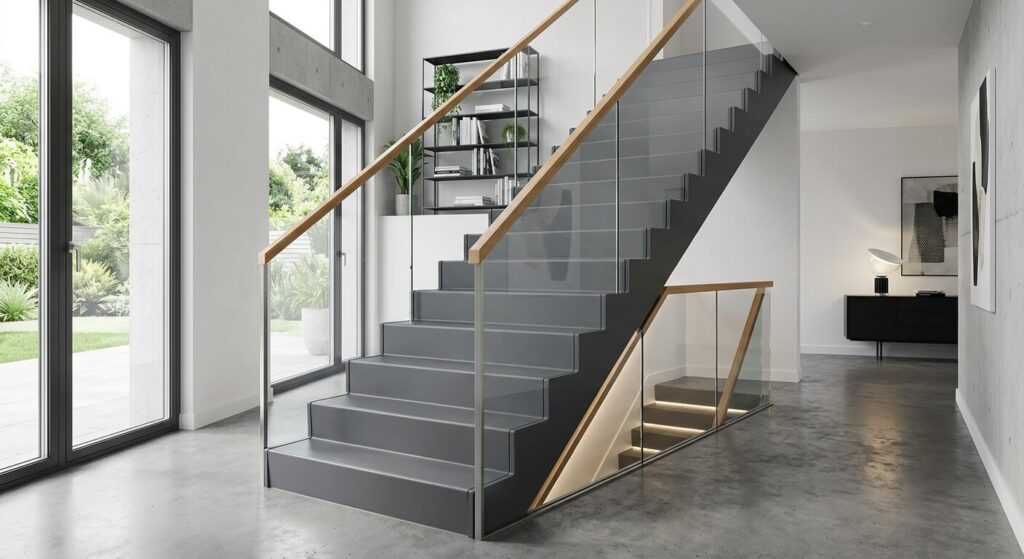 Rendu moderne d'un escalier d'intérieur dont le carrelage a été recouvert d'une résine grise.