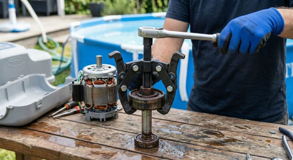 Comment changer le roulement d'une pompe de piscine intex ? 3 Utilisation d'un extracteur à griffes pour retirer le roulement à billes grippé de l'axe central.