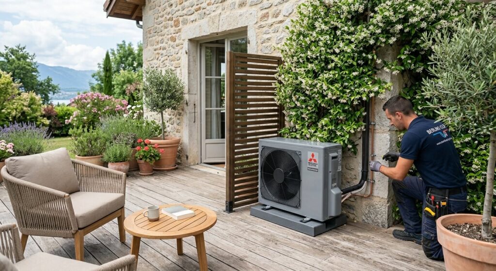 Groupe extérieur de climatisation discrètement posé sur une terrasse, prêt pour la mise en service.