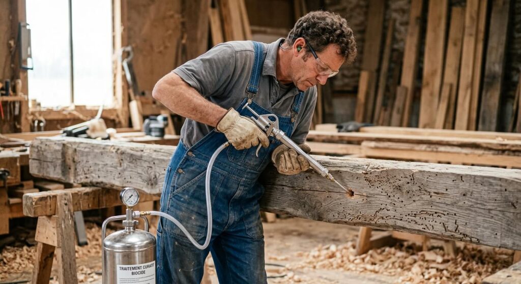 Artisan charpentier injectant un produit biocide curatif sous pression dans les galeries d'une poutre attaquée