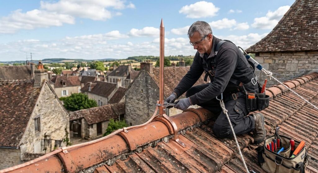 Artisan installant une pointe de paratonnerre en cuivre reliée à un câble de descente sur le faîtage d'une toiture