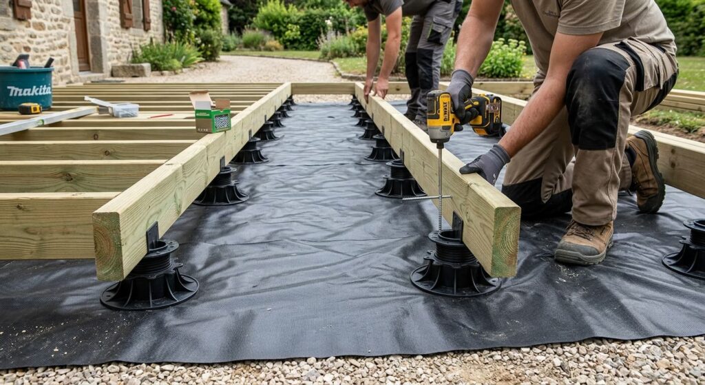 Fixation de lambourdes en pin autoclave sur des plots en PVC posés sur un film d'étanchéité en polyane
