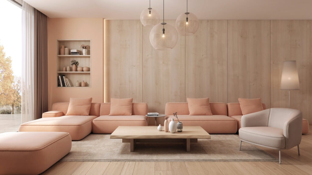 Un salon moderne à la décoration harmonieuse, mis en valeur par un éclairage doux et chaleureux.