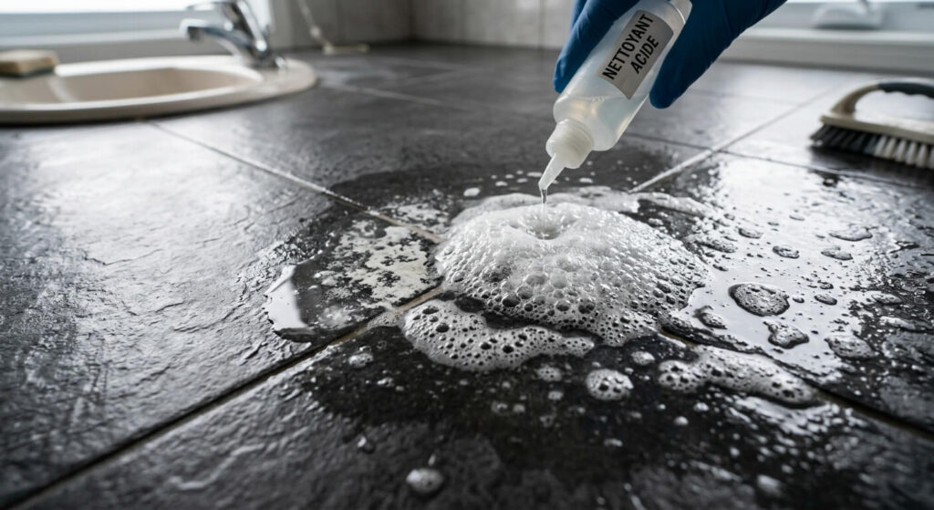Comment récupérer un carrelage noir blanchi par le calcaire ? 3 Action chimique effervescente d'un nettoyant acide dissolvant les traces blanches sur un carrelage en grès cérame sombre
