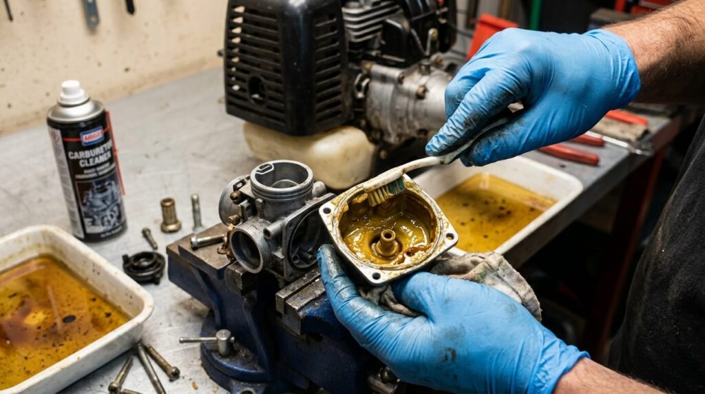 Pourquoi ma tondeuse honda ne démarre pas ? 3 Nettoyage de la cuve du carburateur encrassée par de la vieille essence sur un moteur de motoculture.