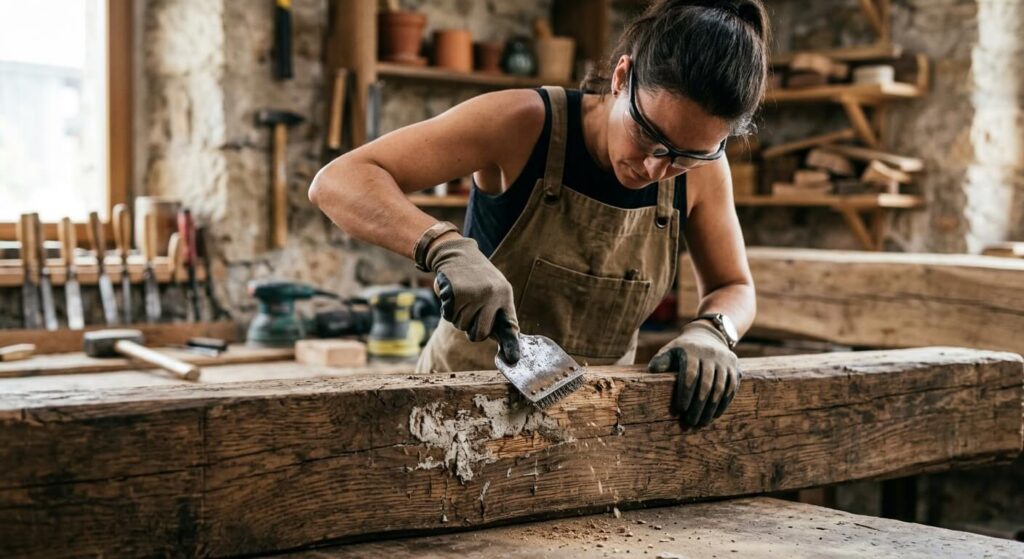 Élimination de taches de ciment sec sur une poutre en bois à l'aide d'un grattoir métallique.