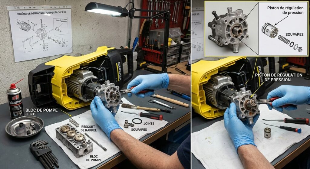 Mon karcher k5 ne démarre plus, quelles solutions ? 3 Démontage de la tête de pompe pour débloquer le piston de régulation de pression.