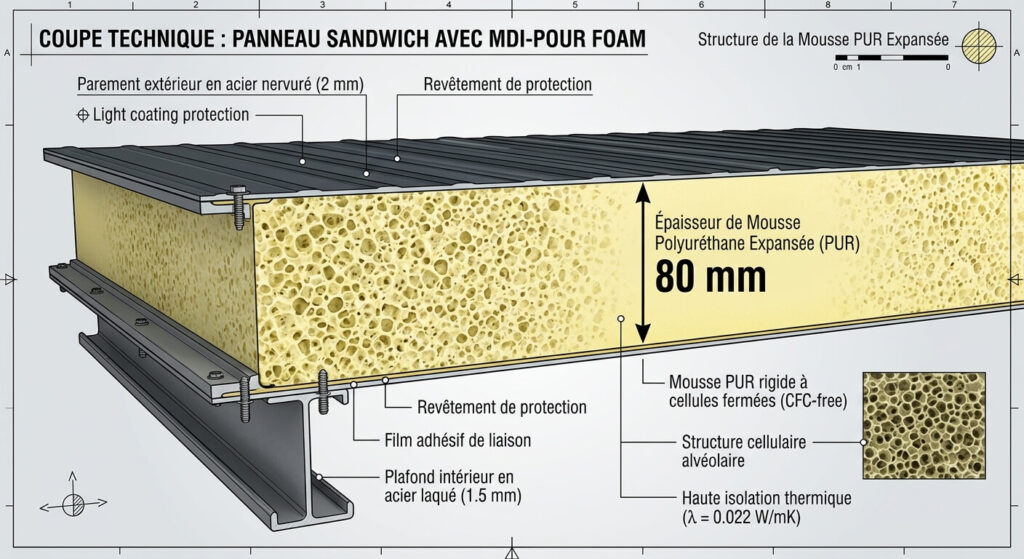 Coupe technique montrant l'épaisseur de mousse polyuréthane expansée au cœur d'un panneau sandwich.