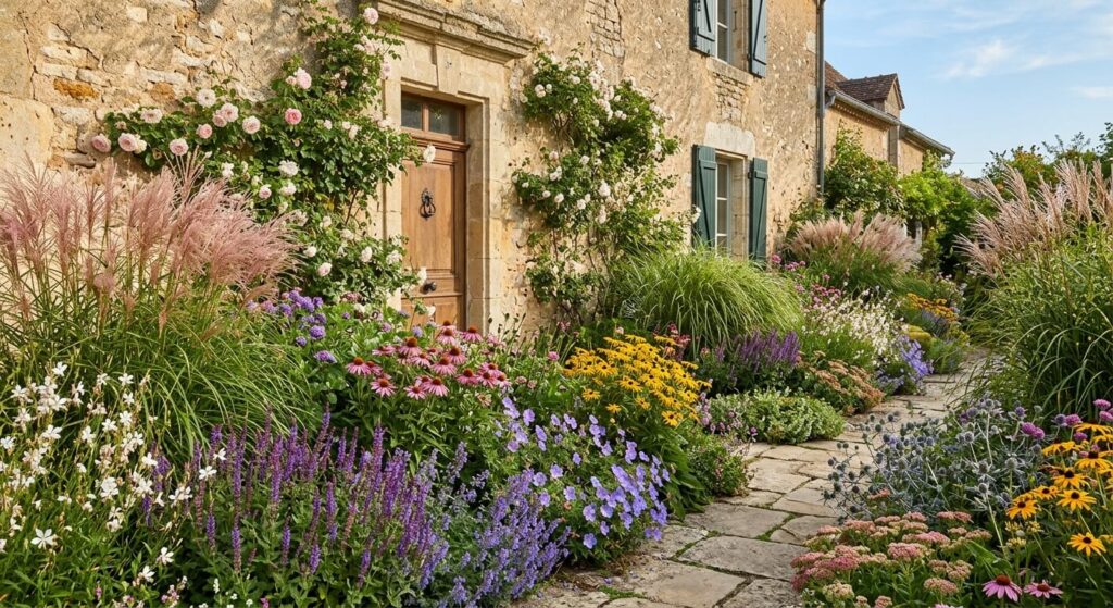 Magnifique plate-bande de plantes vivaces et de graminées plantées en bordure d'une façade en pierre