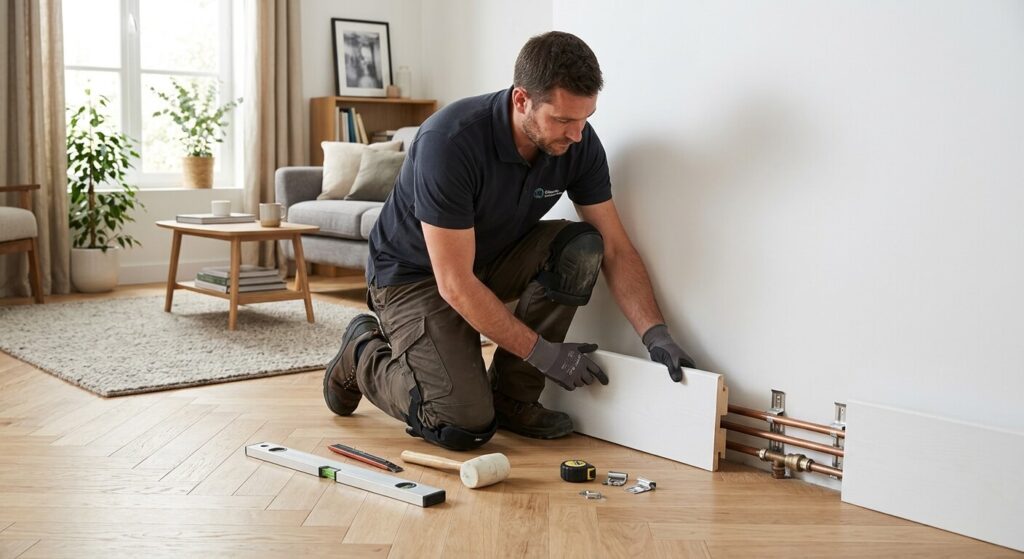 Installation d'une large plinthe cache-tuyaux clipsable en bois blanc au ras du sol dans un salon