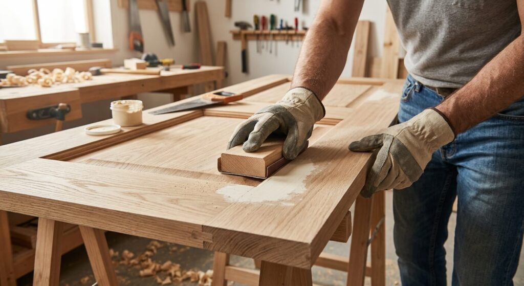 Ponçage de finition à la cale de ponçage sur une porte en bois après séchage du mastic.