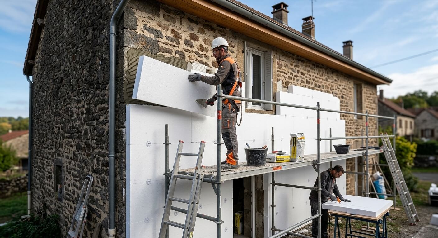 Fixation de panneaux de polystyrène expansé sur la façade d'une maison pour son isolation thermique.