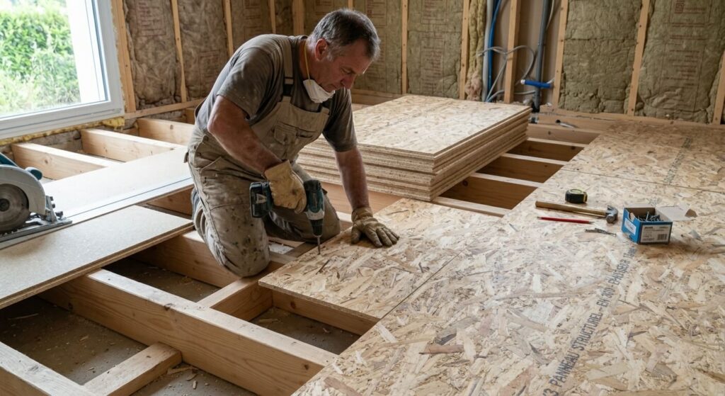 Artisan posant des dalles de panneau OSB sur une structure de solives en bois