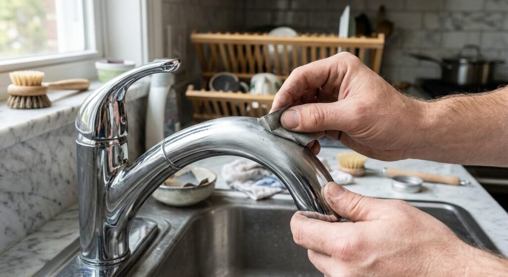 Comment peindre sa robinetterie sans risquer d'écailles ? 3 Ponçage minutieux de la surface chromée d'un robinet de cuisine pour casser le brillant.