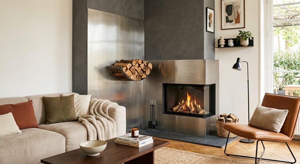 Un coin feu moderne avec une protection murale en acier brossé parfaitement intégrée à la décoration du salon.