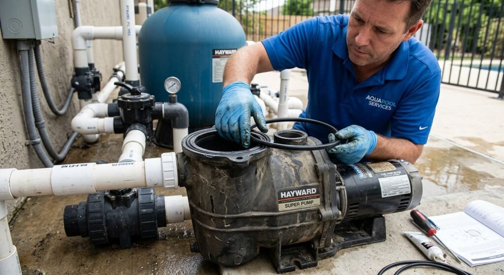 Installation d'un joint d'étanchéité neuf sur le corps d'une pompe de filtration de piscine.