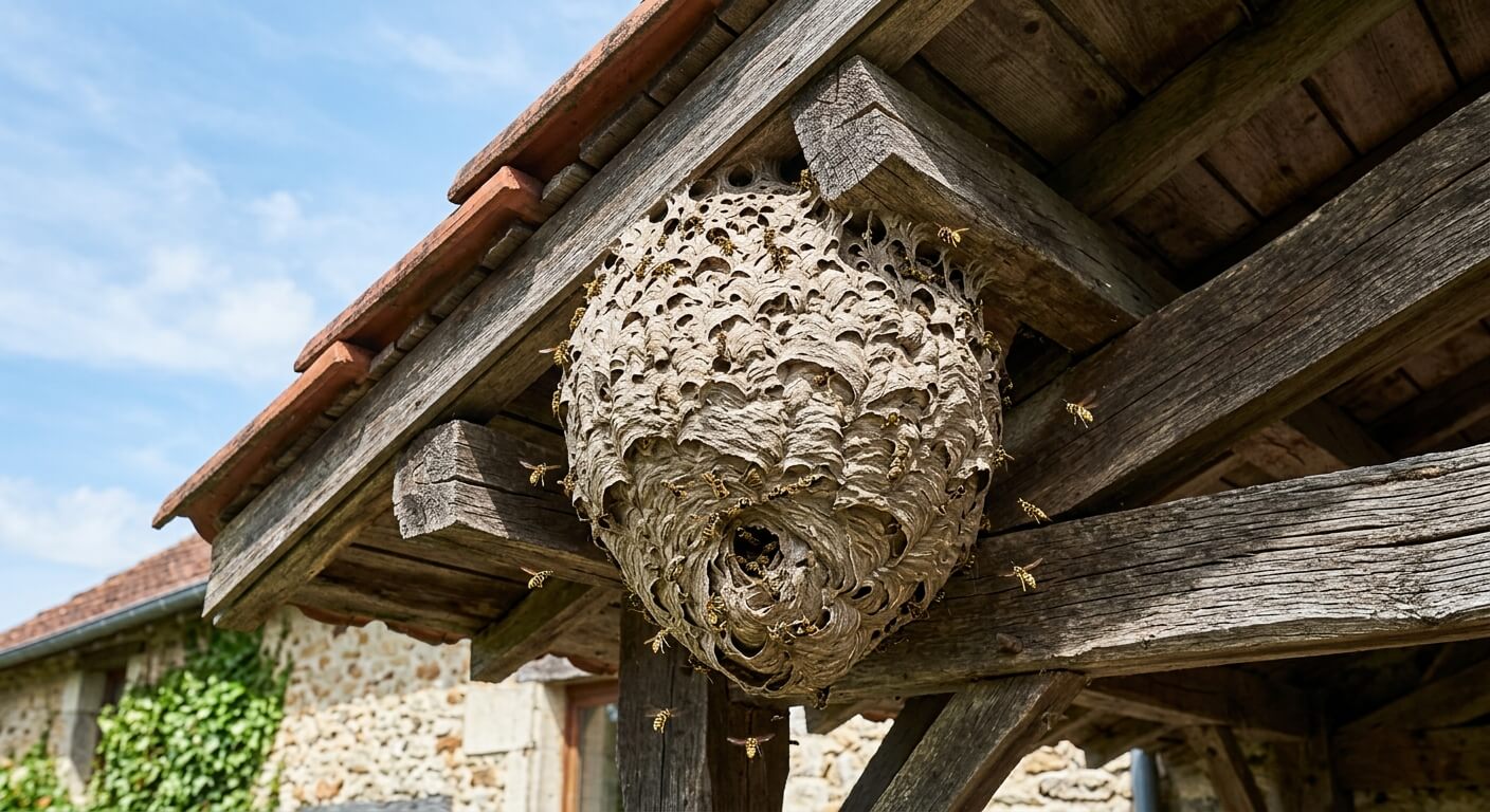 Un gros nid de guêpes actif installé sous la charpente d'un toit de maison.