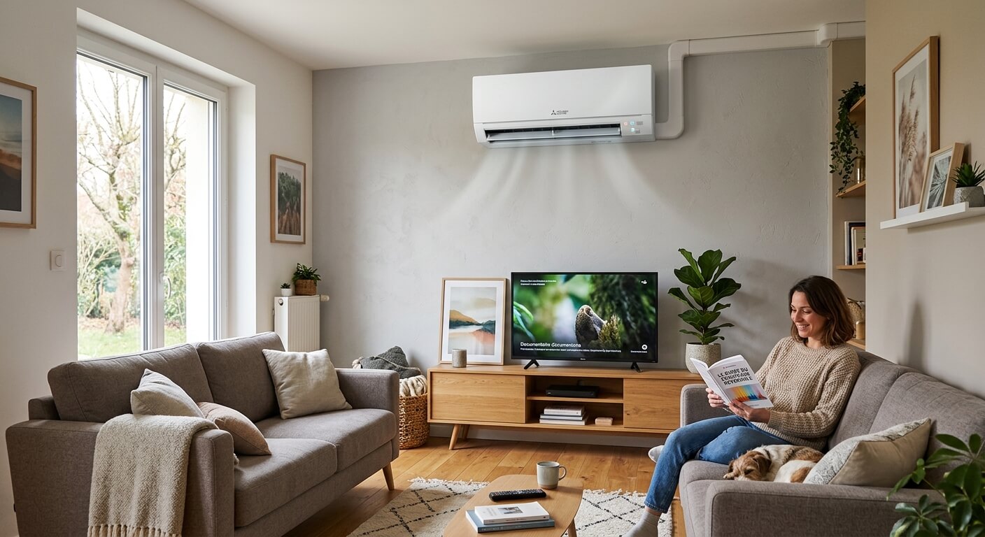 Un climatiseur réversible split mural moderne installé dans un salon pour chauffer et rafraîchir la pièce.