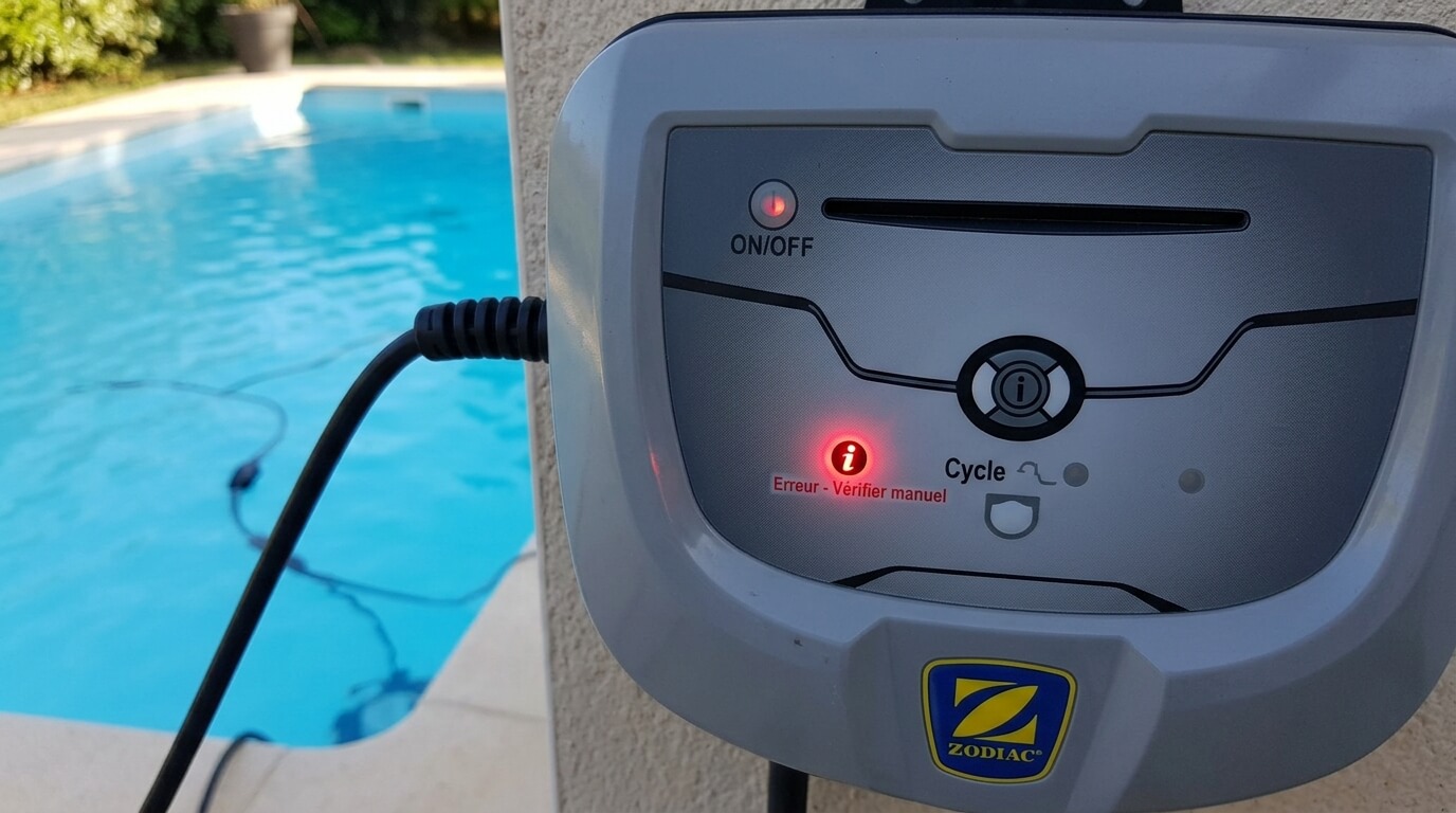 Le boîtier d'alimentation gris d'un robot de piscine Zodiac avec le voyant d'information "i" qui clignote en rouge.