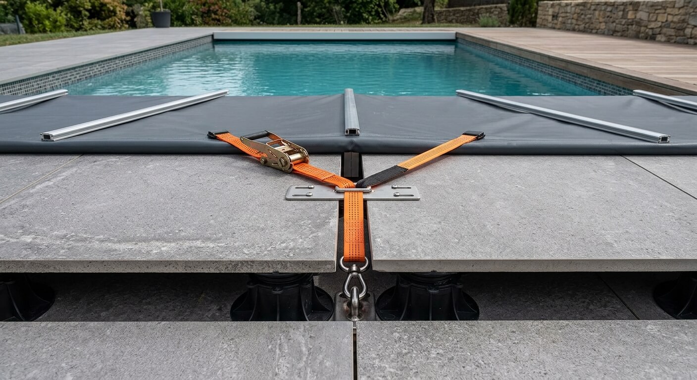 Sangles de tension d'une bâche à barres ancrées entre deux dalles sur plots d'un bassin de piscine moderne.