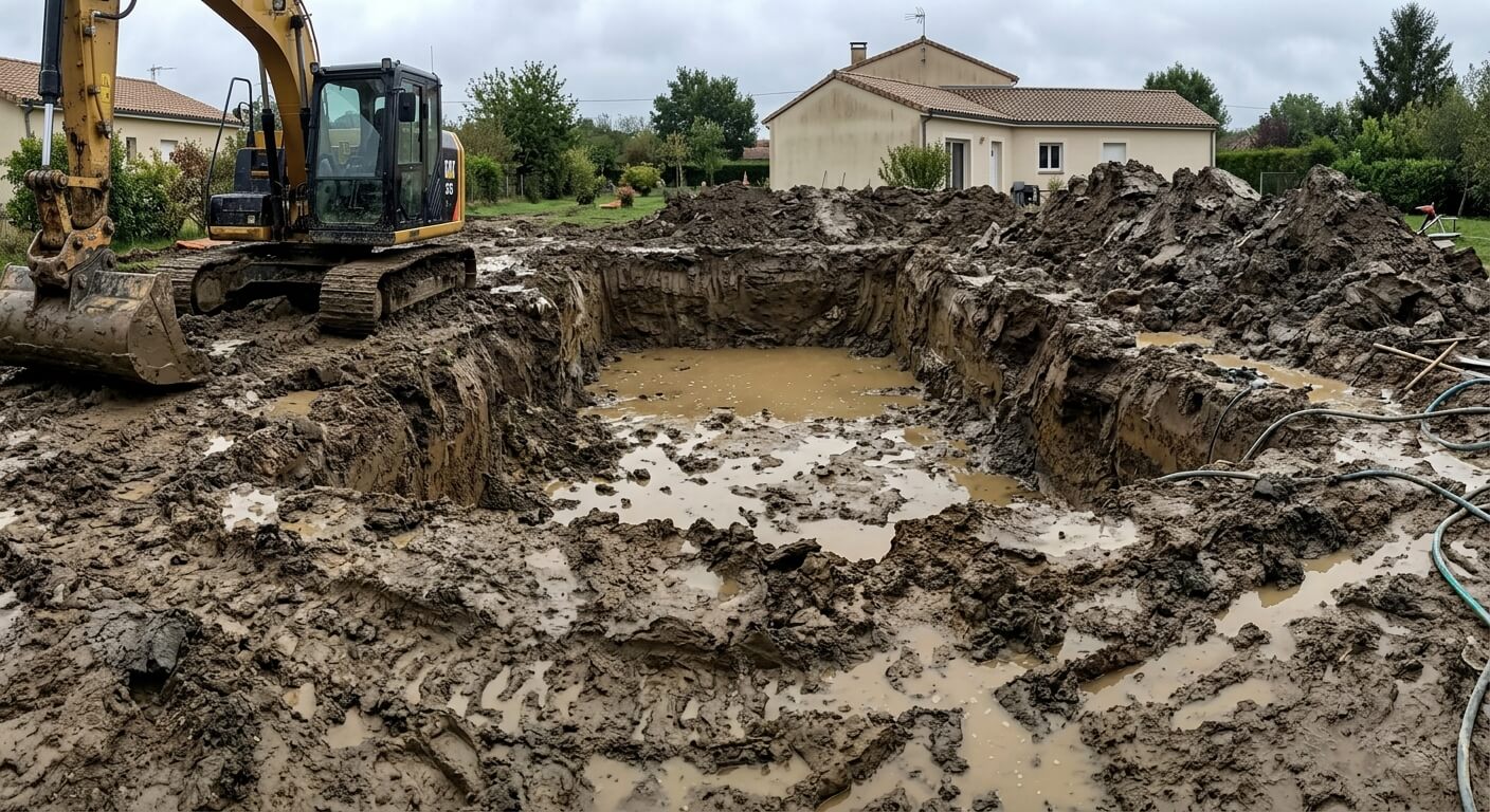 Le terrassement d'une piscine enterrée entourée d'une terre argileuse humide sans système d'évacuation d'eau.