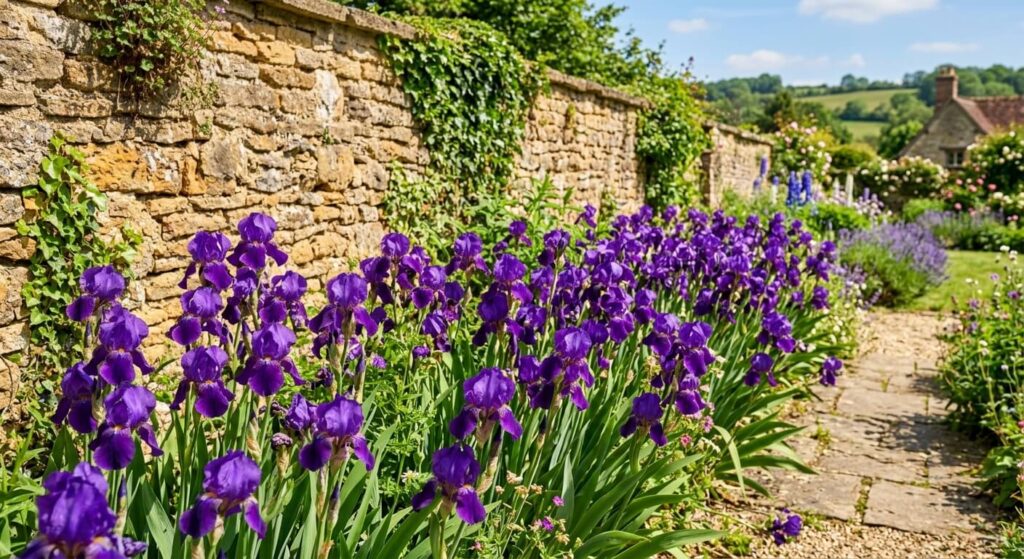Une magnifique bordure d'iris de jardin en fleurs de couleur violette s'épanouissant le long d'un mur en pierre ensoleillé.