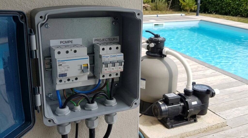 Disjoncteur différentiel pour piscine : type A ou type AC ? 6 Le coffret électrique étanche d'une piscine avec ses disjoncteurs de protection de la pompe et des projecteurs.