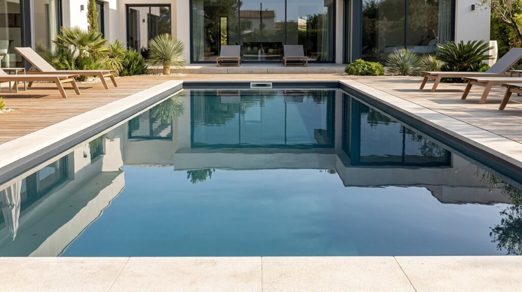 Skimmer miroir : quels sont ses vrais inconvénients ? 9 Une piscine contemporaine haut de gamme avec une ligne d'eau affleurant le niveau des margelles grâce à un skimmer miroir.