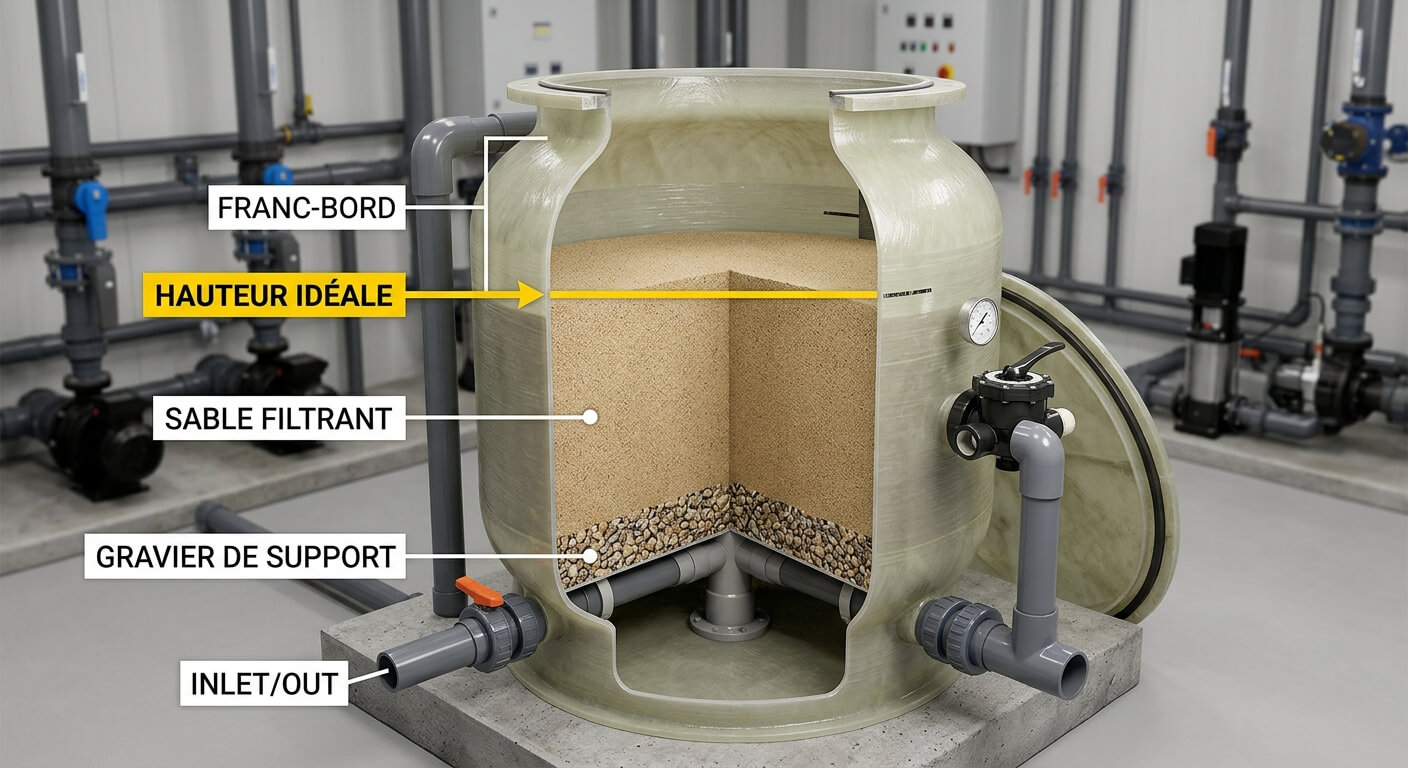 Une cuve de filtre à sable ouverte montrant la hauteur idéale de la charge filtrante à l'intérieur.
