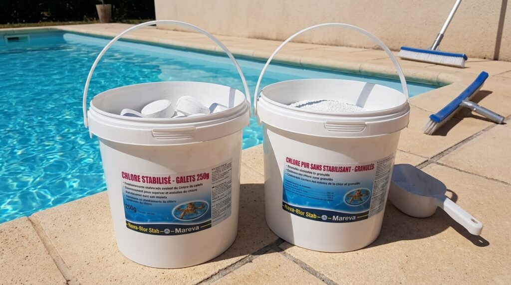 Deux seaux de traitement pour piscine mis côte à côte, l'un contenant du chlore stabilisé et l'autre du chlore pur sans stabilisant.