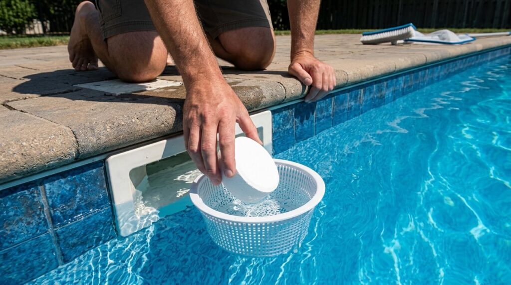 Mélange chlore et oxygène actif : est-ce compatible ? 2 Un propriétaire déposant un galet de désinfection dans le panier plastique de son skimmer de piscine.Un propriétaire déposant un galet de désinfection dans le panier plastique de son skimmer de piscine.