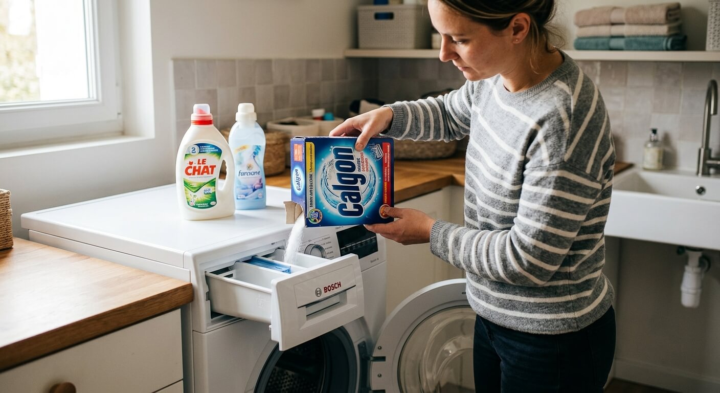 Une personne versant de la poudre ou du gel anti-calcaire dans le tiroir à lessive d'un lave-linge.