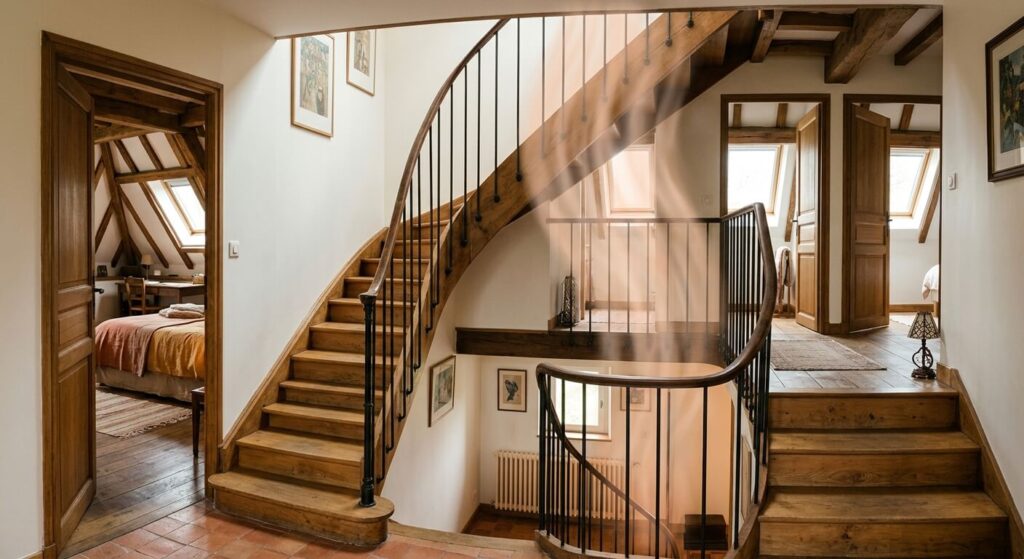 Comment éviter que la chaleur monte à l'étage en été ? Solutions pratiques 2 Une cage d'escalier ouverte menant à l'étage d'une maison, canalisant l'air chaud vers les chambres sous les toits.