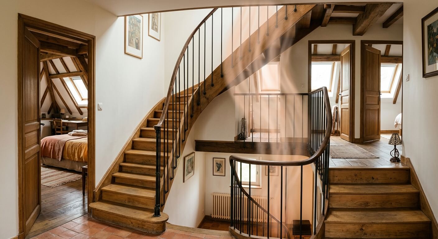 Une cage d'escalier ouverte menant à l'étage d'une maison, canalisant l'air chaud vers les chambres sous les toits.