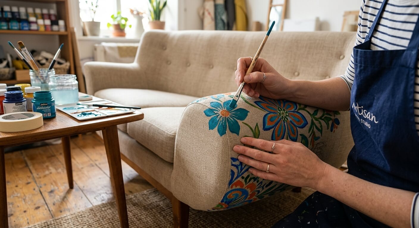 Application au pinceau d'une peinture textile sur l'accoudoir d'un canapé fixe.