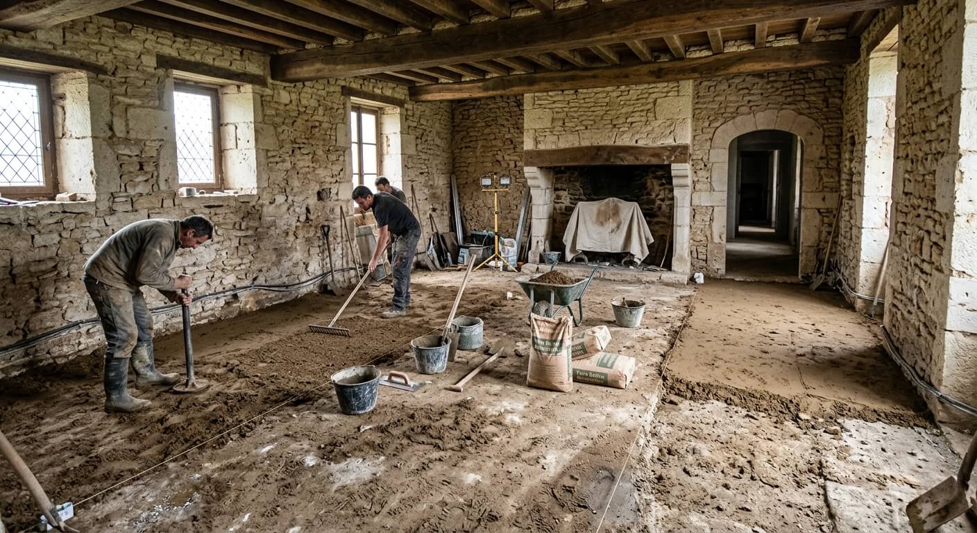 Un sol en terre battue d'une pièce de vie en cours de rénovation dans une vieille maison en pierre.