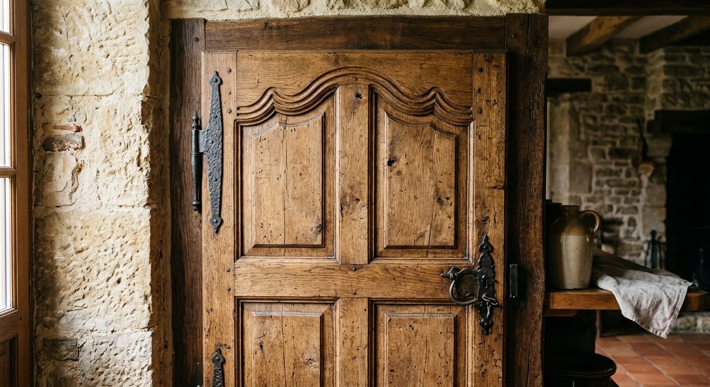 Une porte de placard en bois rustique avec une traverse supérieure en forme de vague.