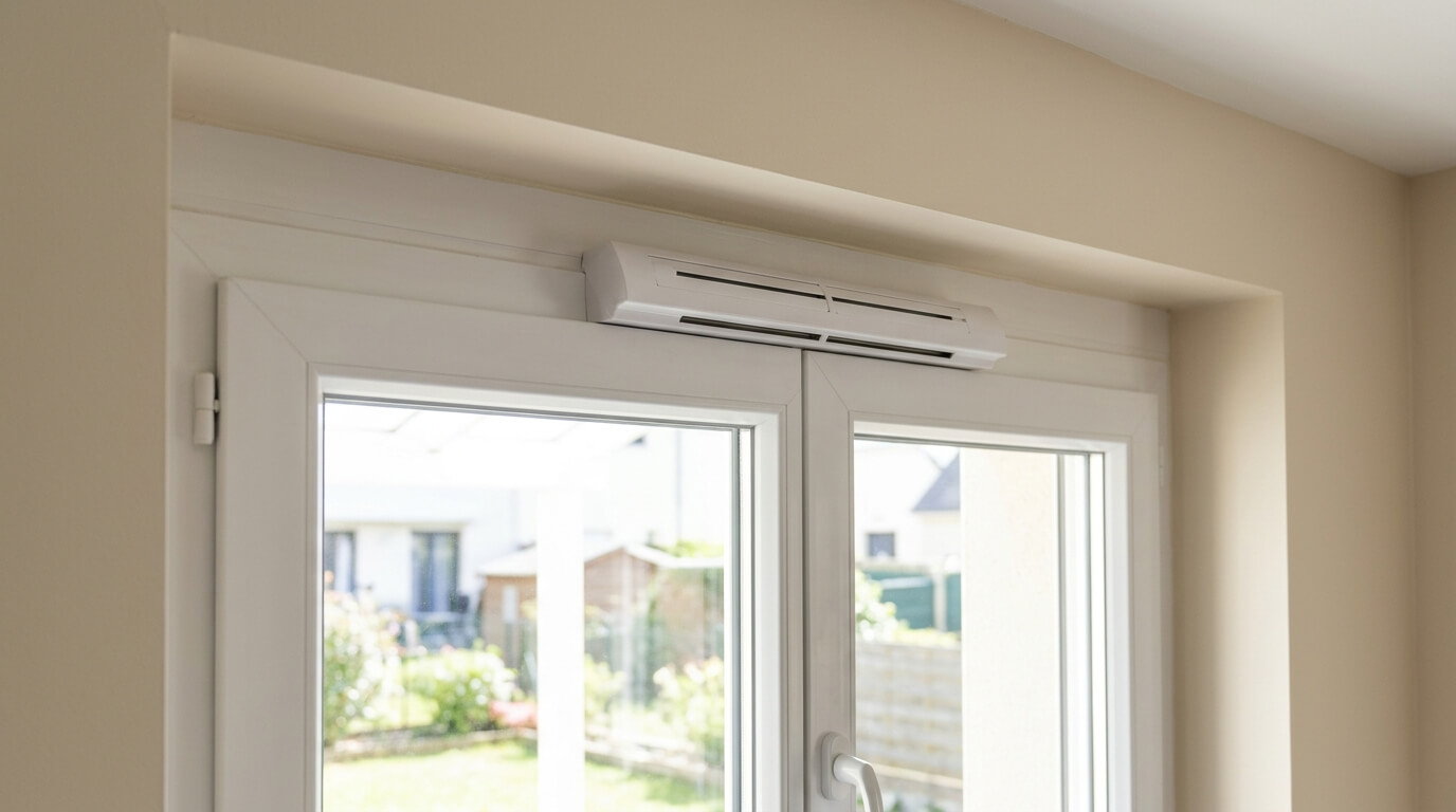 Une entrée d'air hygroréglable Aldes installée sur le cadre supérieur d'une fenêtre en PVC blanc.