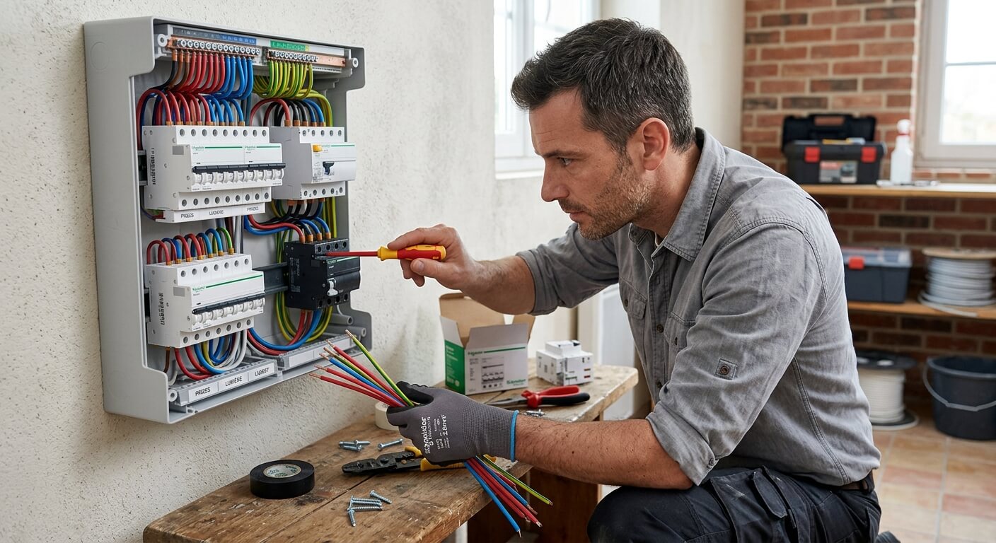 Un particulier installant des disjoncteurs dans un tableau électrique neuf à la maison avec minutie.