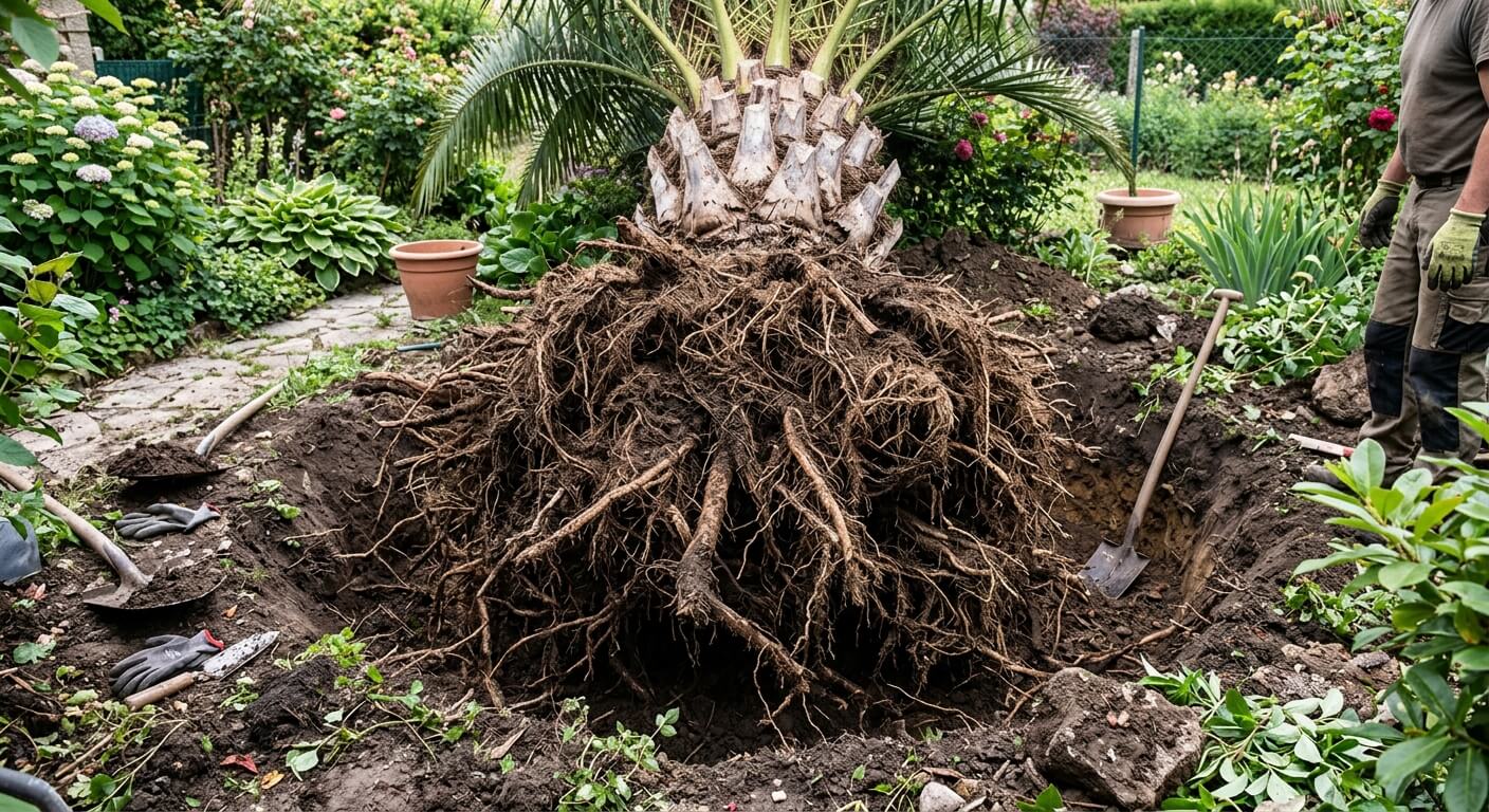 Le système racinaire dense et fibreux en forme de bulbe d'un palmier déterré dans un jardin.