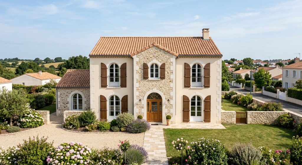 Maison traditionnelle ou contemporaine aux Herbiers : quel style choisir ? 5 Une maison neuve de style traditionnel avec une toiture en tuiles et des ouvertures cintrées construite aux Herbiers.