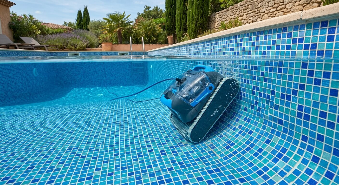 Un robot de piscine autonome en plein nettoyage du fond et des parois en mosaïque d'un bassin.