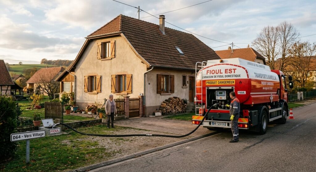 Prix du fioul dans le Grand Est : ce qu'il faut savoir avant de commander 2 Un camion-citerne livrant du fioul domestique chez un particulier dans la région Grand Est.