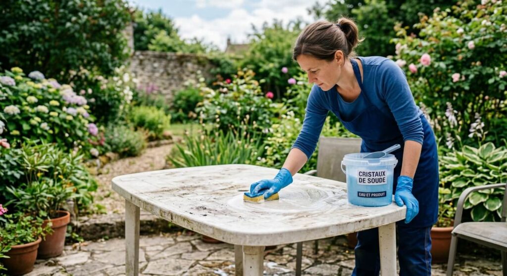 Une personne portant des gants de protection frotte une table de jardin en plastique avec une éponge imbibée d'eau aux cristaux de soude.