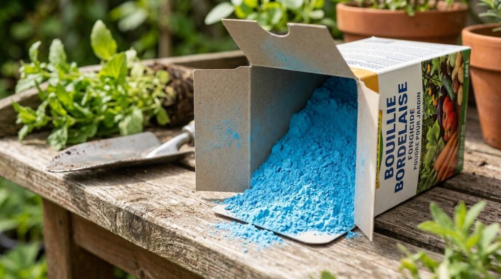 Gros plan sur de la poudre de bouillie bordelaise bleue dans son emballage d'origine pour le jardin.