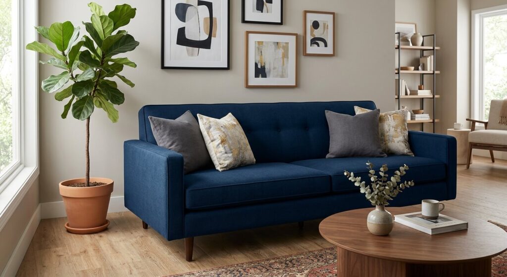 Un canapé fixe en tissu entièrement recoloré dans une nuance bleu nuit moderne.