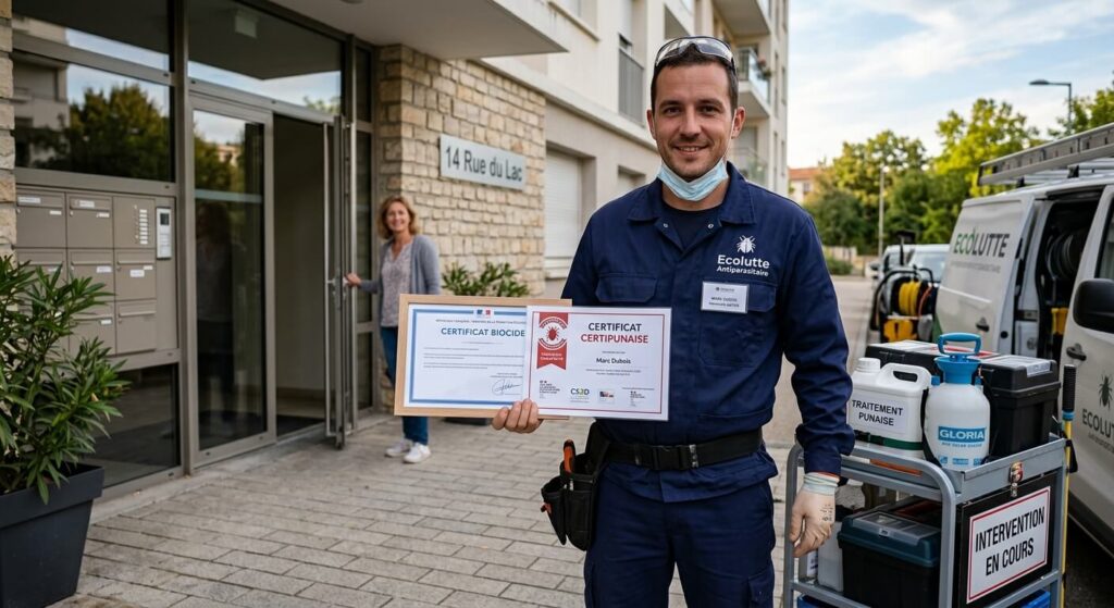 Punaises de lit dans votre logement : comment choisir le bon prestataire et anticiper le coût de l'intervention 4 Un technicien spécialisé affichant ses certifications officielles Certibiocide et CertiPunaise avant de débuter une désinsectisation.