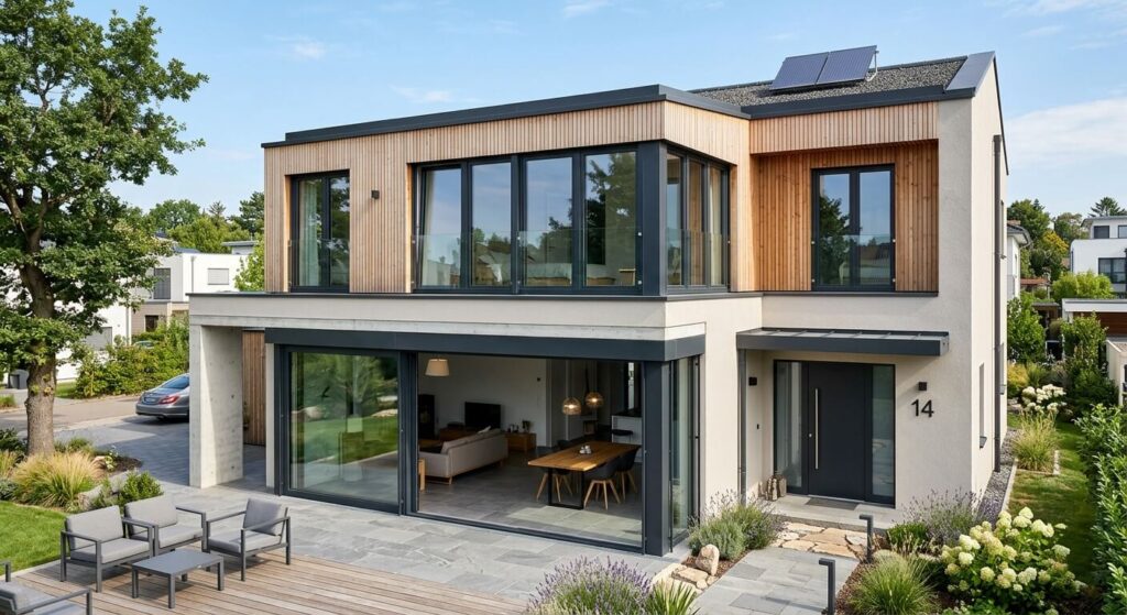 Châssis aluminium en Belgique : dans quels cas c'est le bon choix ? 3 Façade de maison contemporaine équipée de grands châssis en aluminium noir anthracite.